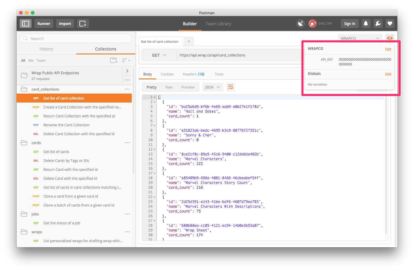 POSTMAN Environment Screen Shot